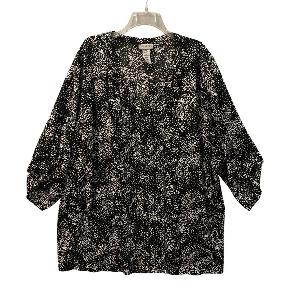 Catherines 3X 26/28W Black White Abstract Button Front Blouse Roll Tab Plus